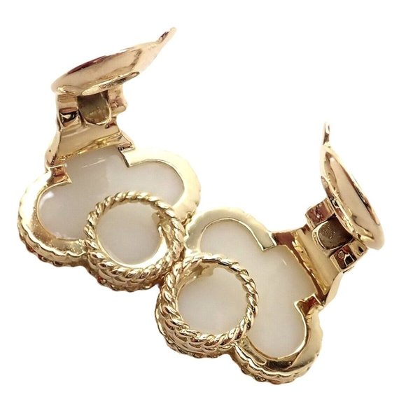 Rare! Van Cleef & Arpels Vintage Alhambra 18k Yellow Gold White Coral Earrings - Picture 9 of 12